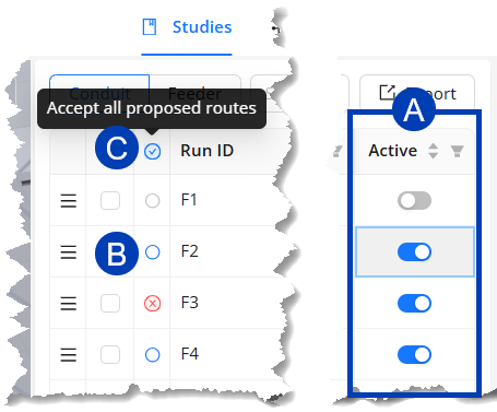 User interface displaying studies with options to accept routes and toggle active status.